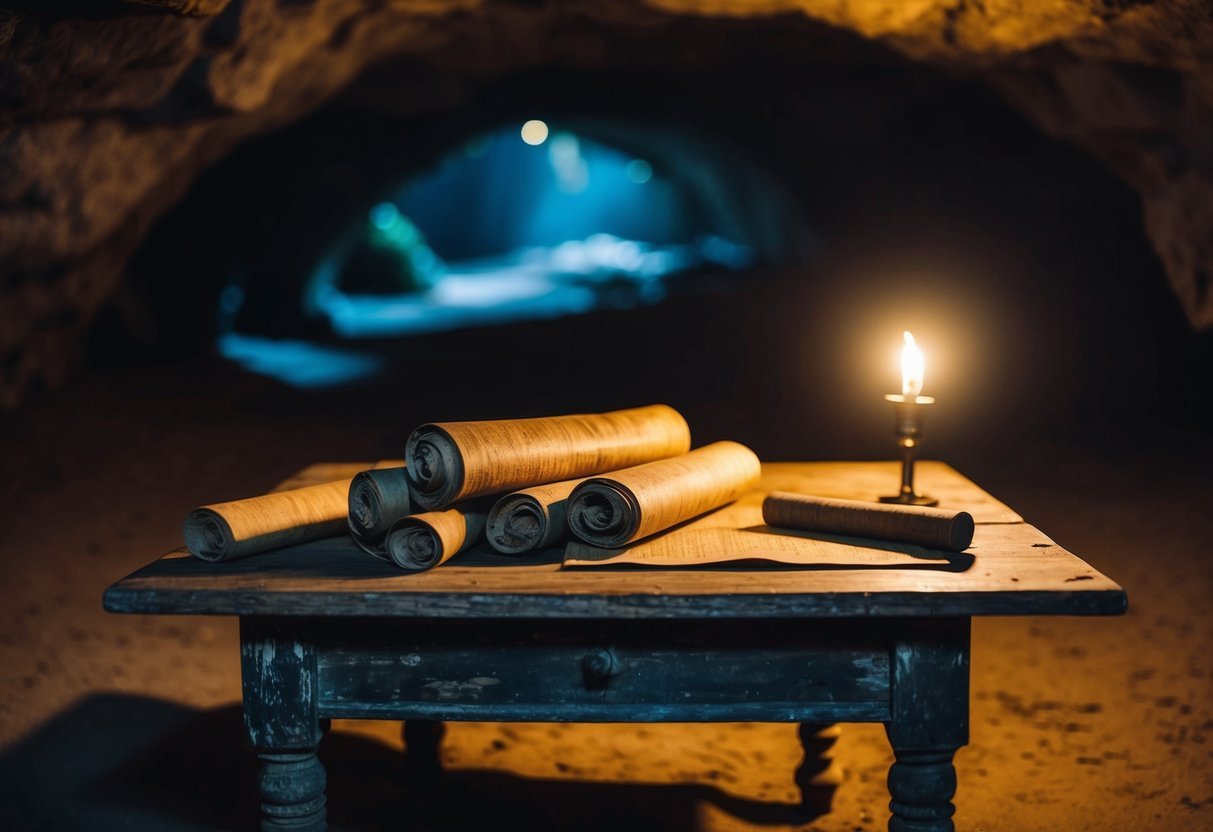 A dimly lit cave with ancient scrolls scattered on a weathered table, illuminated by a single flickering torch