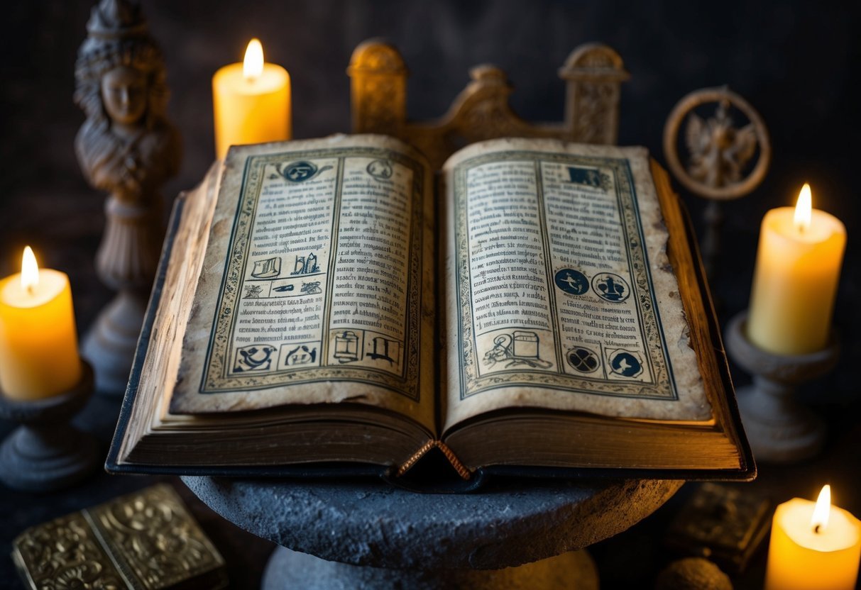 A mysterious, weathered book lies open on a stone pedestal, surrounded by flickering candlelight and ancient artifacts. Symbols and illustrations adorn the pages, hinting at hidden knowledge waiting to be discovered