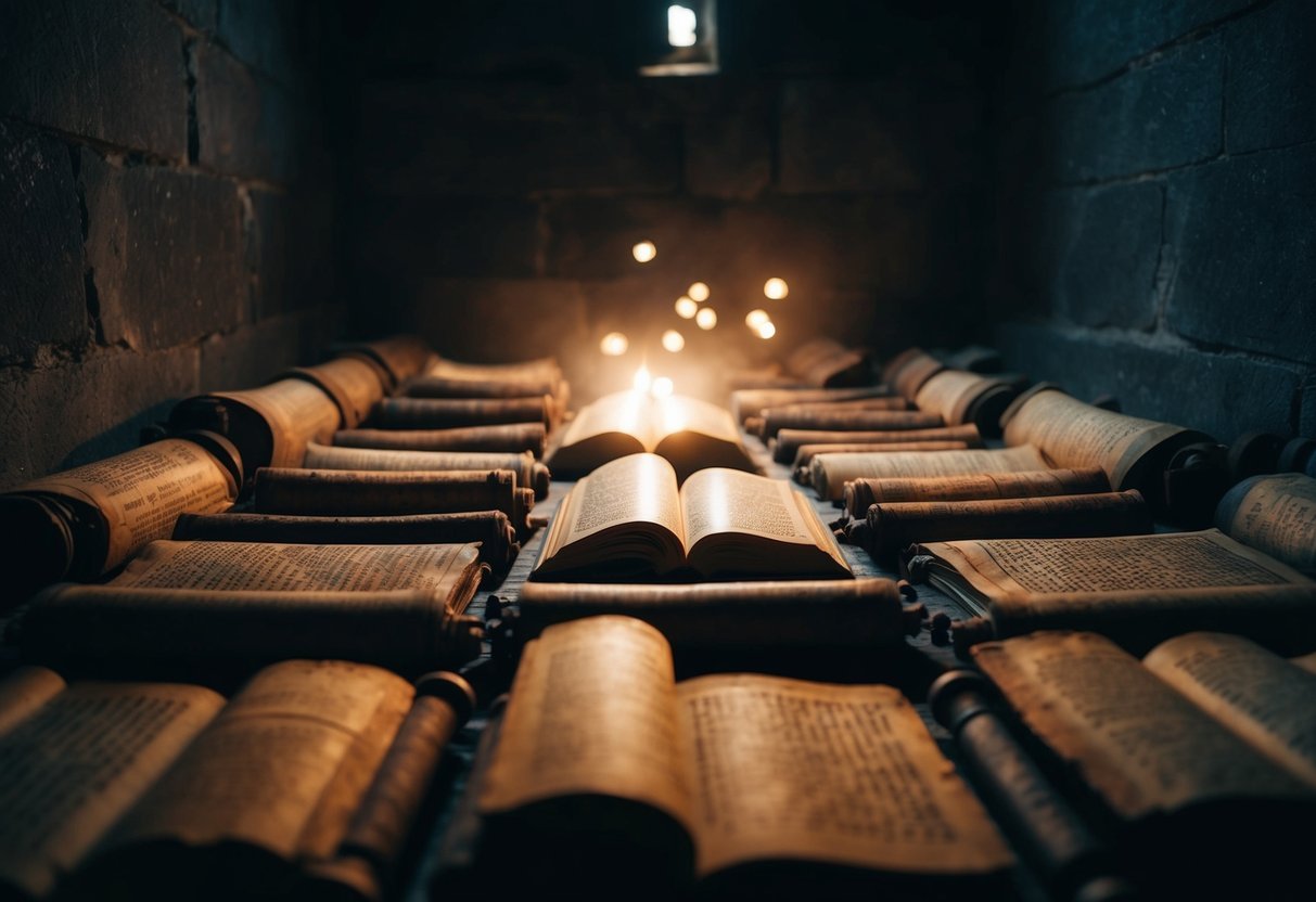 A dimly lit chamber filled with ancient scrolls, a faint glow emanating from the fragments of the Book of Enoch among them