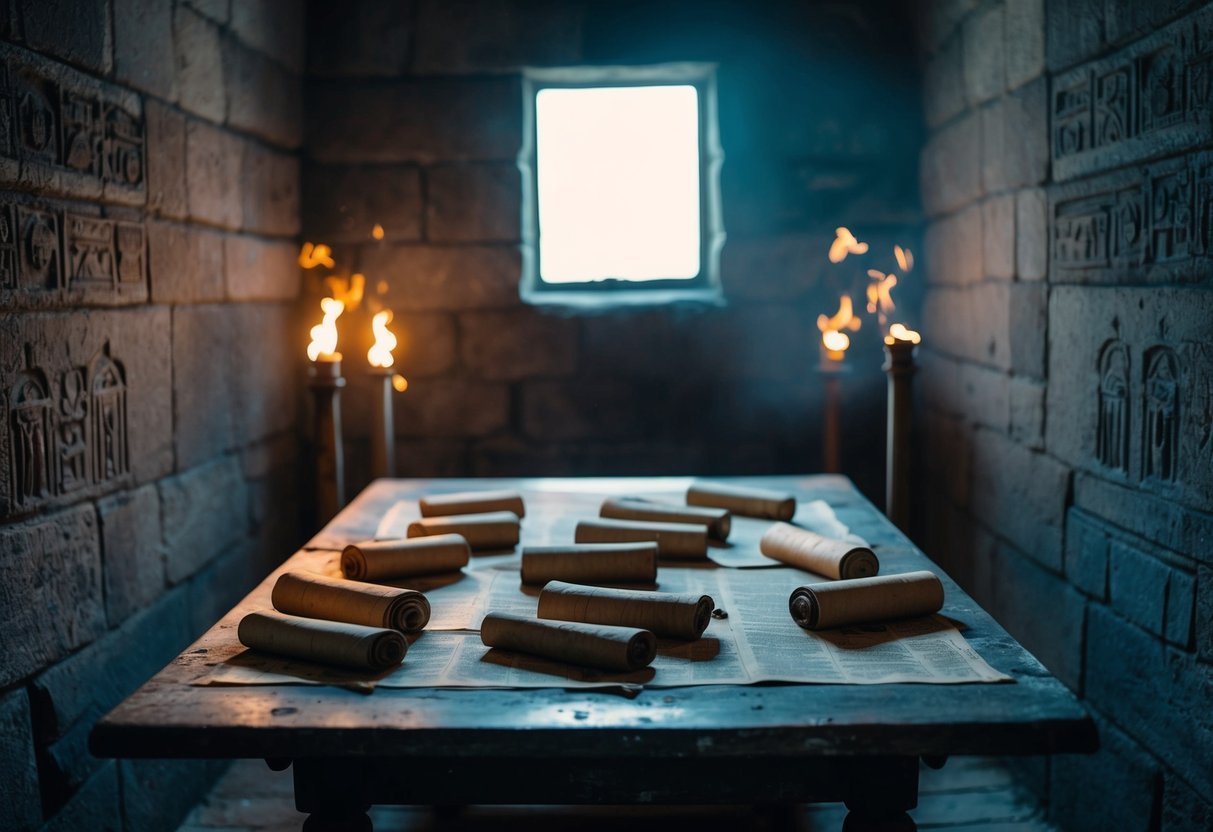 A dimly lit chamber with ancient scrolls scattered on a weathered table, surrounded by flickering torches and mysterious symbols etched into the stone walls