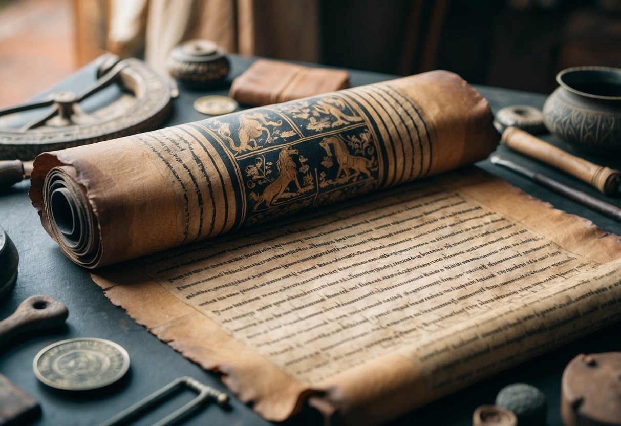 A weathered scroll unfurls, revealing ancient writing and intricate illustrations, surrounded by artifacts and archaeological tools