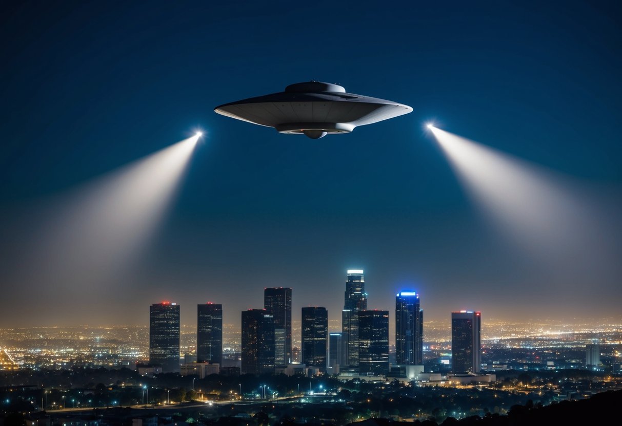 A group of military searchlights converge on a mysterious, unidentified flying object hovering over the city of Los Angeles in the dead of night