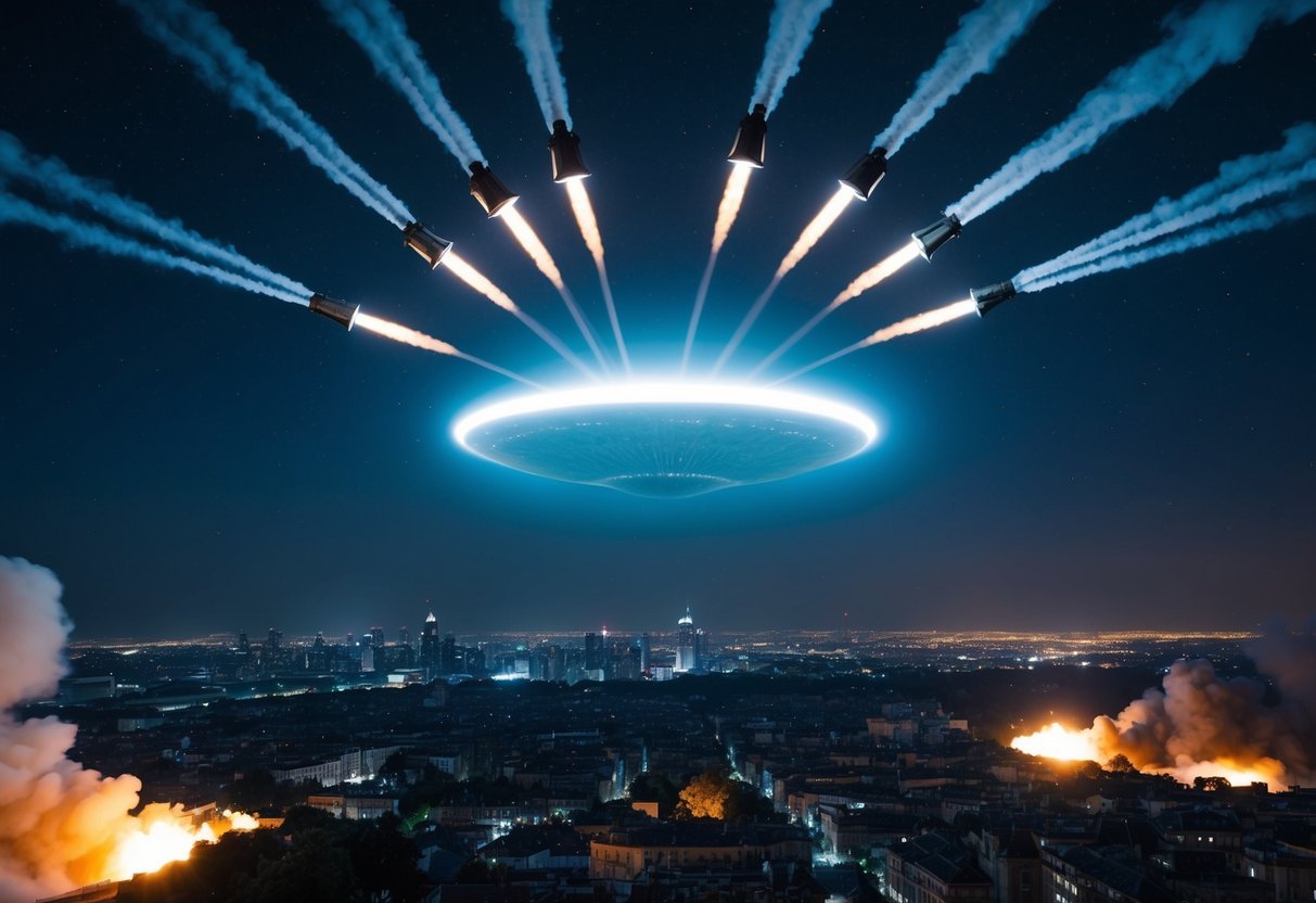 A night sky filled with searchlights converging on a mysterious, glowing object hovering over the city, surrounded by anti-aircraft fire and smoke