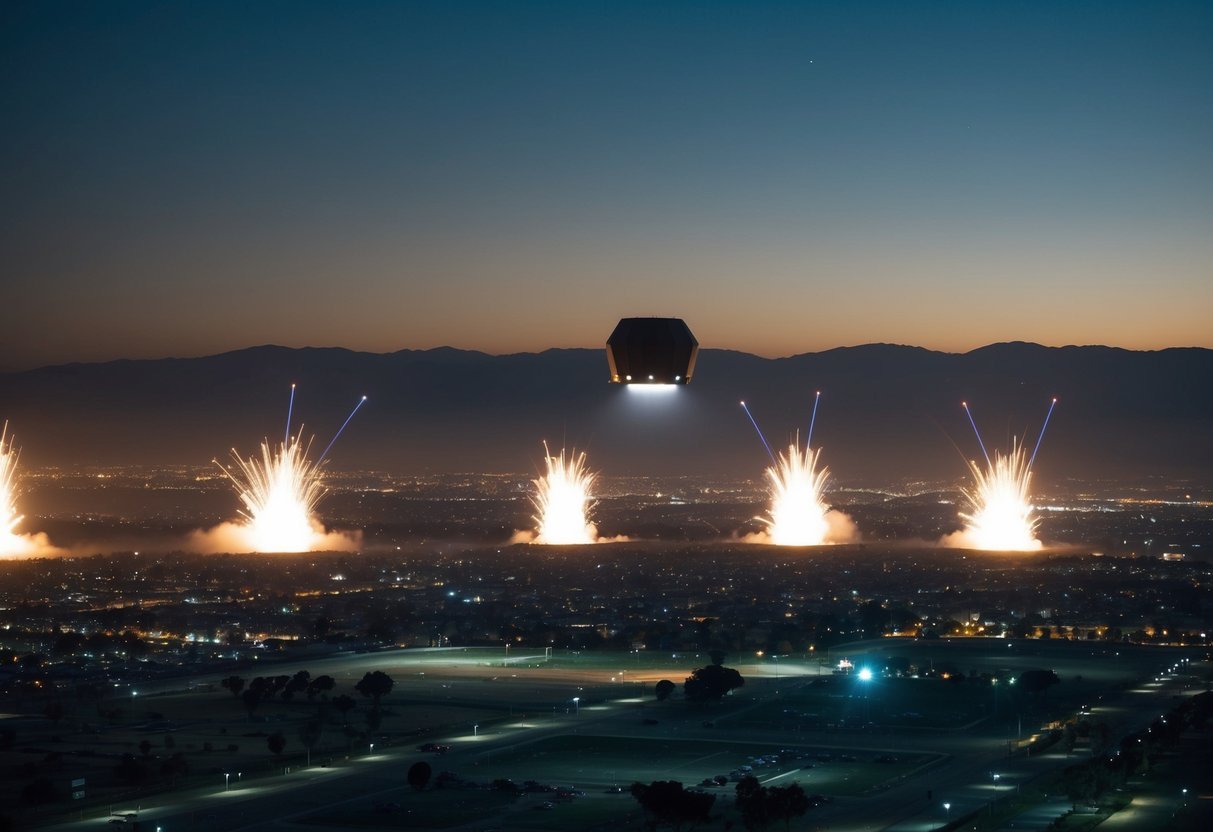 A group of military searchlights converge on a mysterious, glowing object in the night sky over Los Angeles, surrounded by bursts of anti-aircraft fire