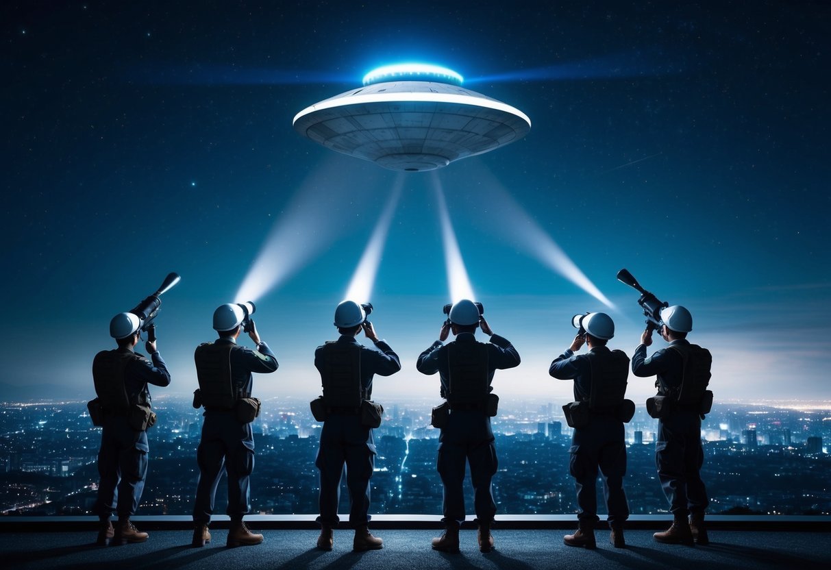 A group of military personnel stare up at the night sky, their searchlights converging on a mysterious object hovering above the city