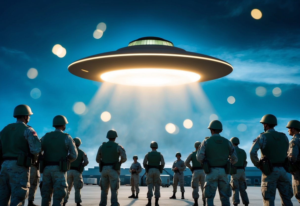 A glowing UFO hovers above a military base, surrounded by startled soldiers and officers