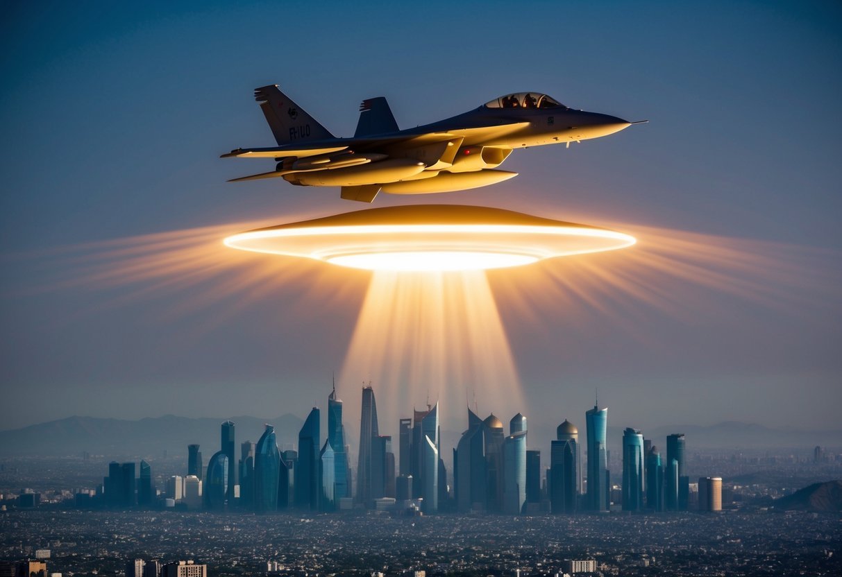 A military jet encounters a glowing UFO over the Tehran skyline, emitting bright lights and a mysterious aura