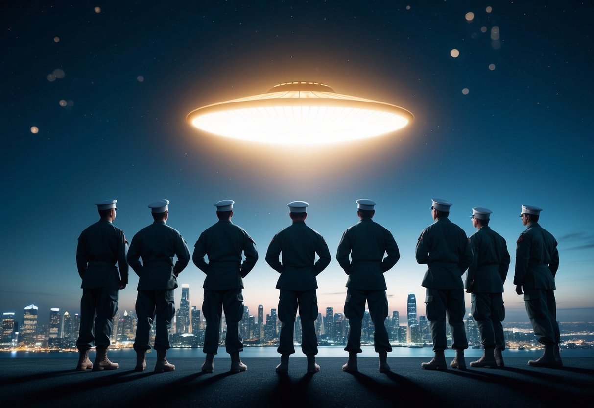 A group of military personnel stand in awe as a mysterious, glowing object hovers above the city skyline at night