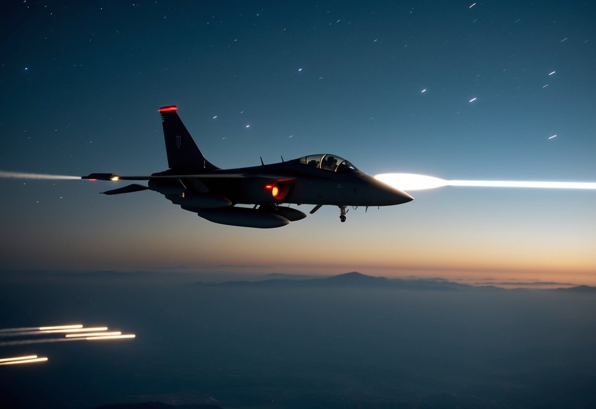 A military jet encounters a glowing, disc-shaped object in the night sky over Tehran, Iran. The UFO emits bright flashes of light as it evades pursuit