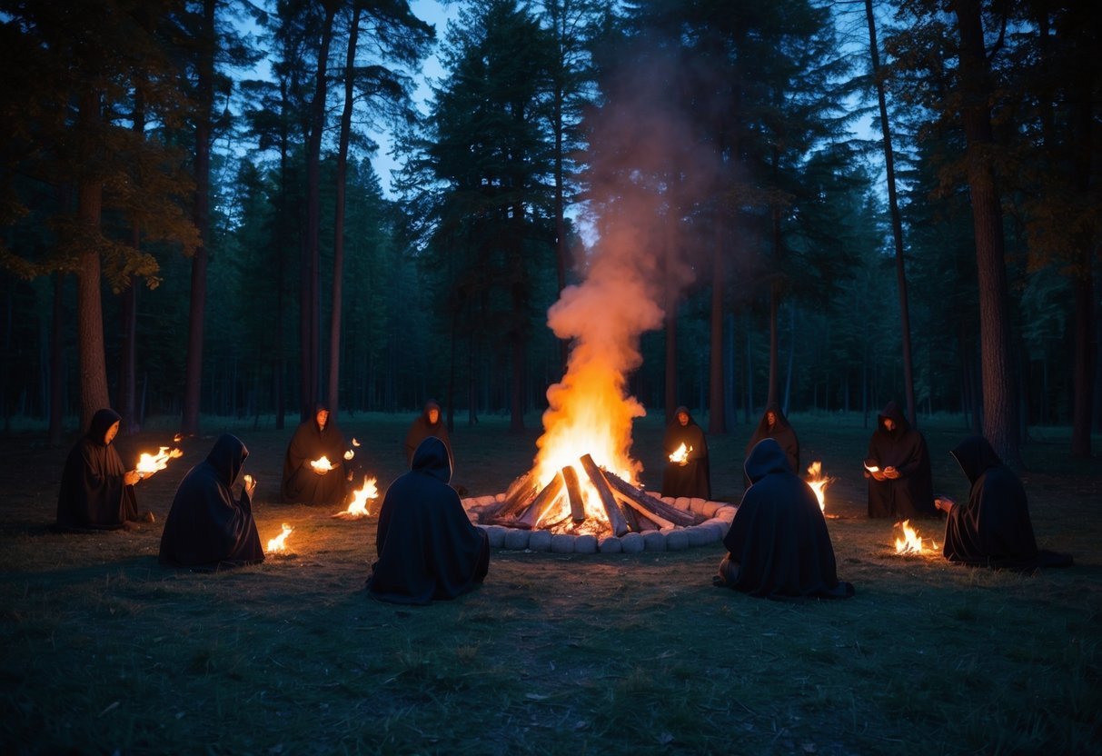 A dense forest clearing at dusk, illuminated by flickering torches and a large bonfire surrounded by a group of cloaked figures engaged in mysterious rituals