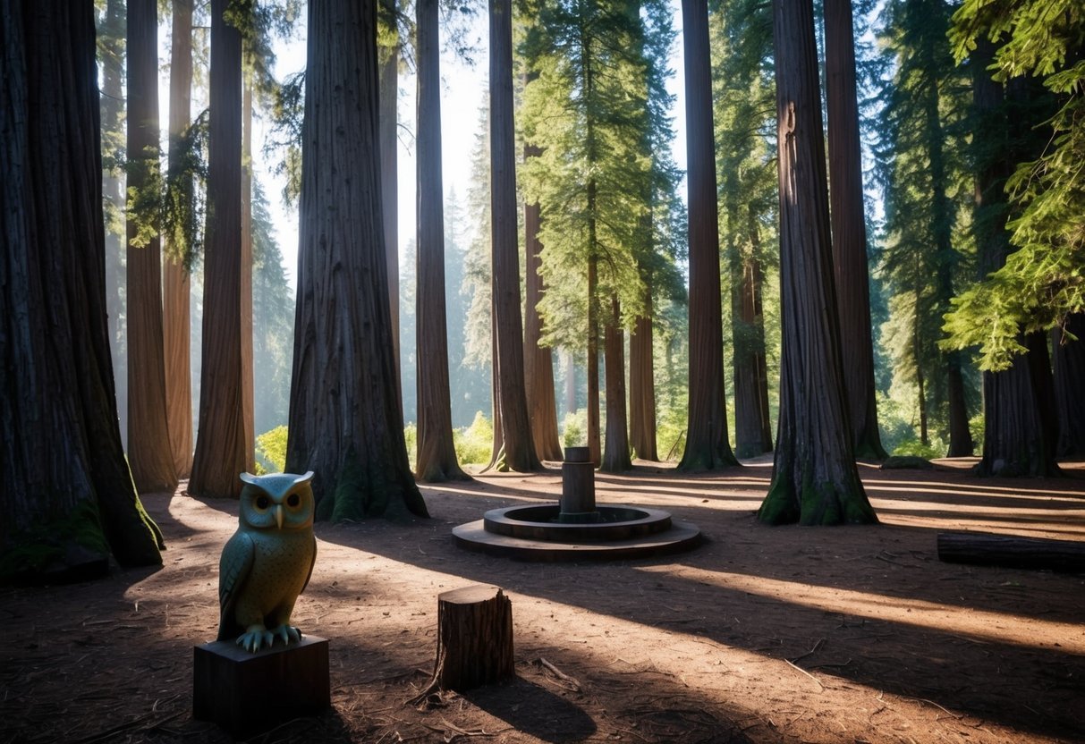 A dense redwood forest with a clearing, where a stone owl statue stands amidst a circle of trees. Sunlight filters through the canopy, casting dappled shadows on the forest floor