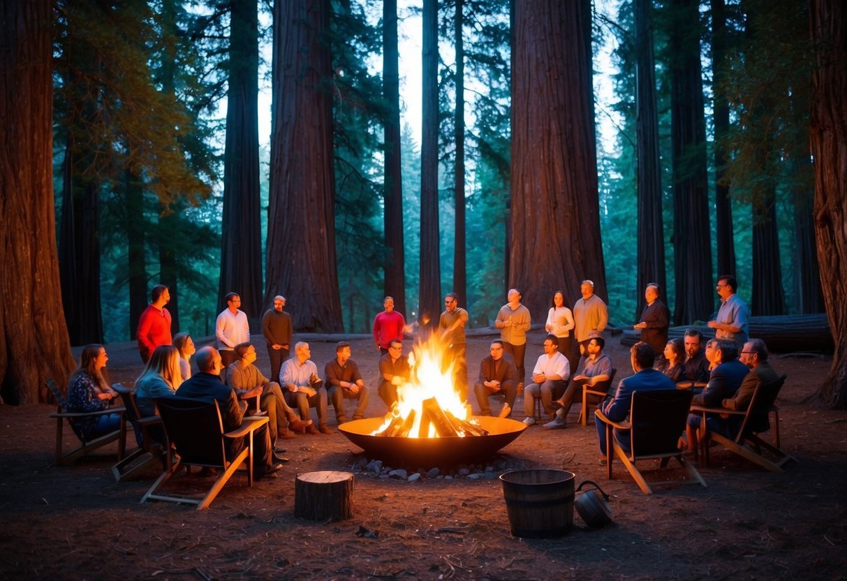 A group of people gathered around a large bonfire in a forest clearing, surrounded by towering redwoods and illuminated by the warm glow of the flames