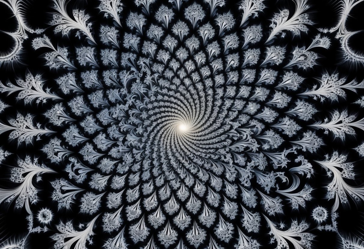 A swirling, intricate fractal pattern emerges from the center, radiating outwards with infinite complexity and symmetry, evoking a sense of divine interconnectedness