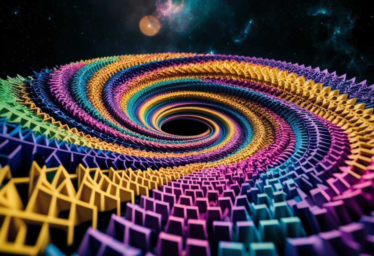 A colorful, intricate Mandelbrot Set emerges from a dark, cosmic background, with spiraling patterns and geometric shapes filling the entire space