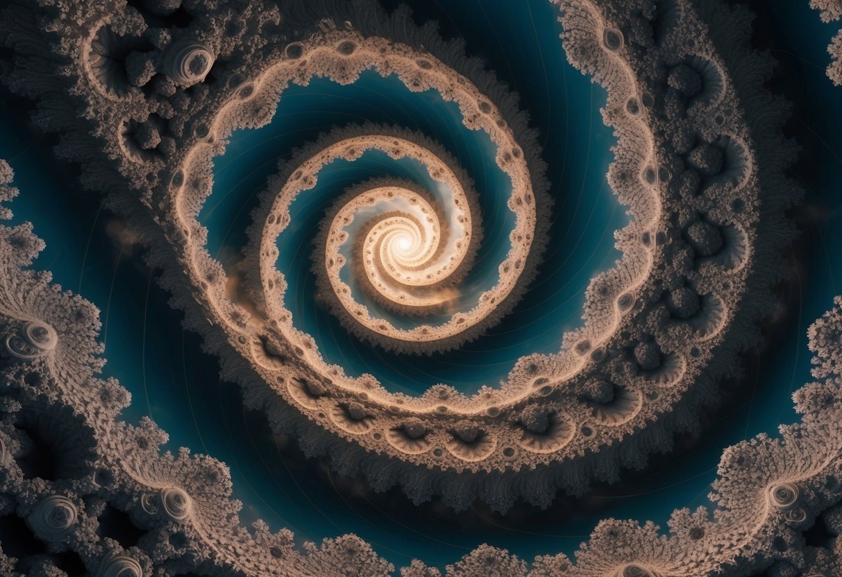 A vast, swirling fractal landscape stretches into infinity, with intricate patterns repeating across different scales, showcasing the interconnectedness of the universe
